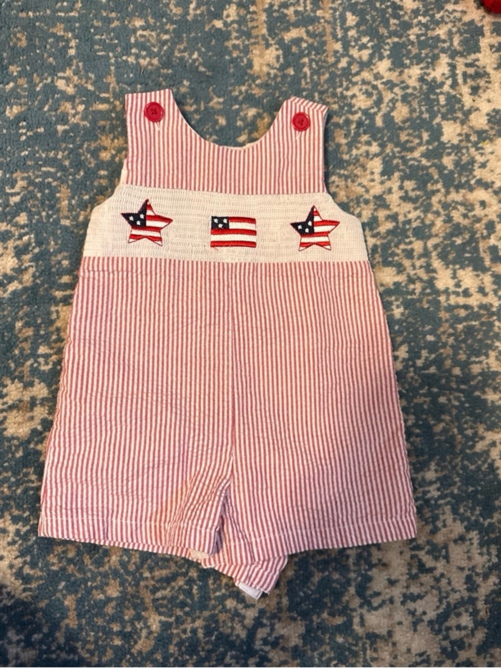 Smocked Boutique Red & White Striped Romper with Patriotic Stars